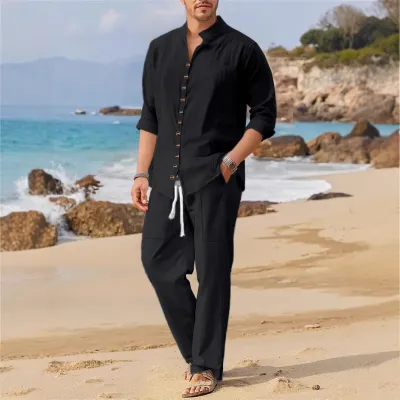 Men Casual Spring Autumn Solid Color Short-Sleeve Shirt and Loose Pants Two-Piece Set
