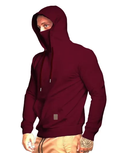 Men Fashion Casual Solid Color Fleece Long Sleeve Drawstring Mask Hoodies