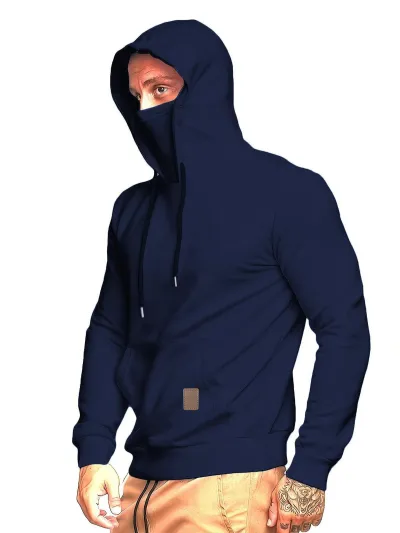 Men Fashion Casual Solid Color Fleece Long Sleeve Drawstring Mask Hoodies