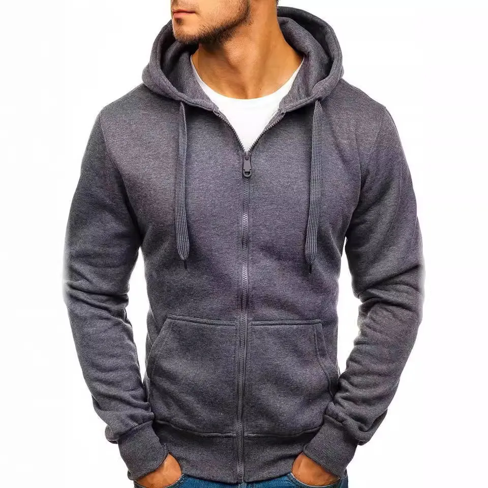 Men Fashion Casual Solid Color Fleece Zipper Long-Sleeve Hoodies Cardigan