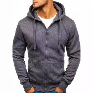Men Fashion Casual Solid Color Fleece Zipper Long-Sleeve Hoodies Cardigan