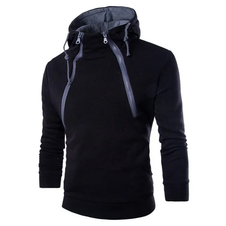 Men Fashion Casual Spring And Autumn Color Contrast Double Zipper Fleece Long-Sleeve Hoodies