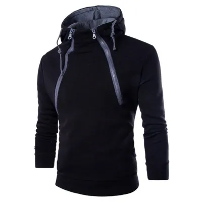 Men Fashion Casual Spring And Autumn Color Contrast Double Zipper Fleece Long-Sleeve Hoodies