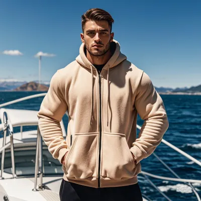 Men Fashion Casual Solid Color Fleece Warm Long-Sleeve Multi-Pocket Hoodies for Autumn Winter