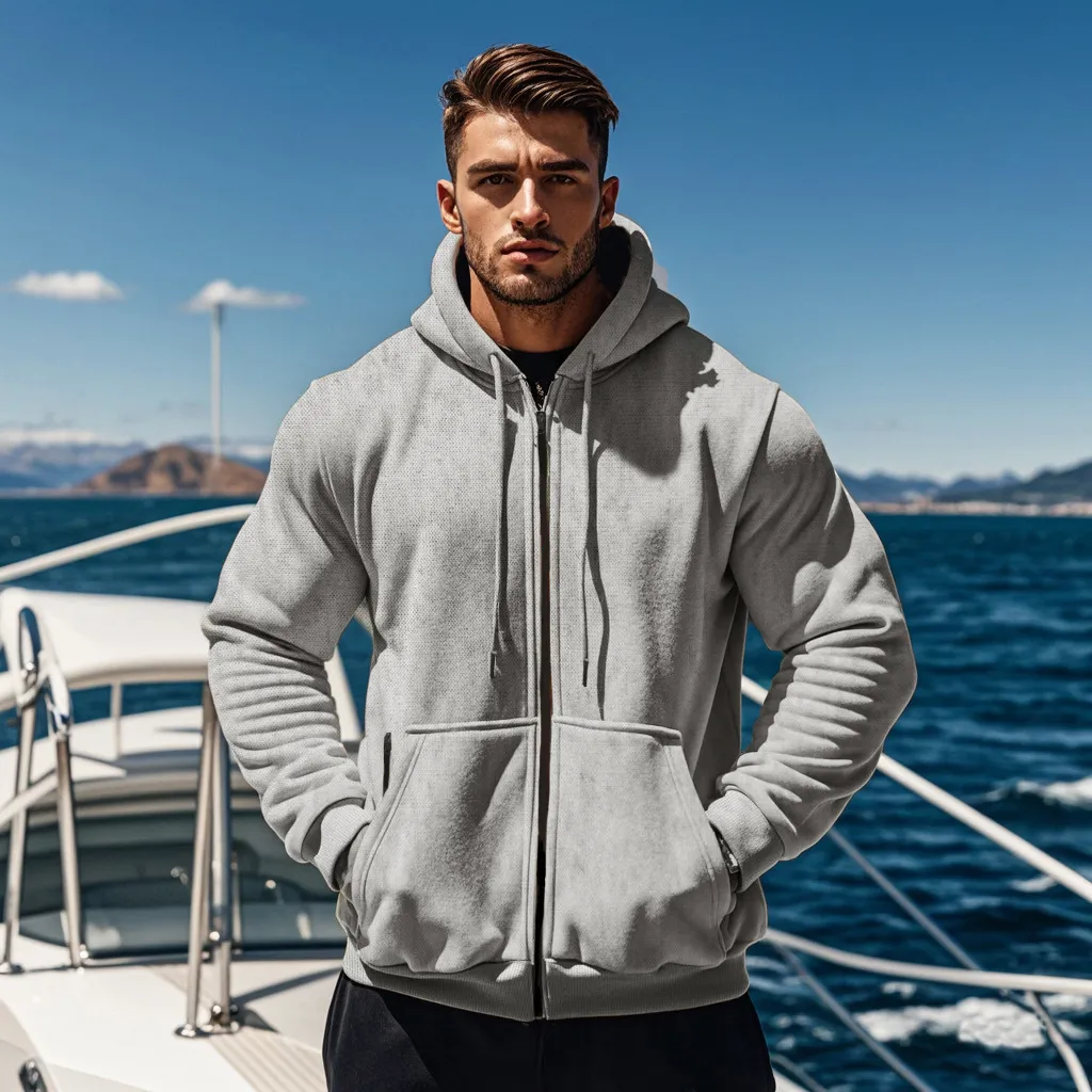 Men Fashion Casual Solid Color Fleece Warm Long-Sleeve Multi-Pocket Hoodies for Autumn Winter