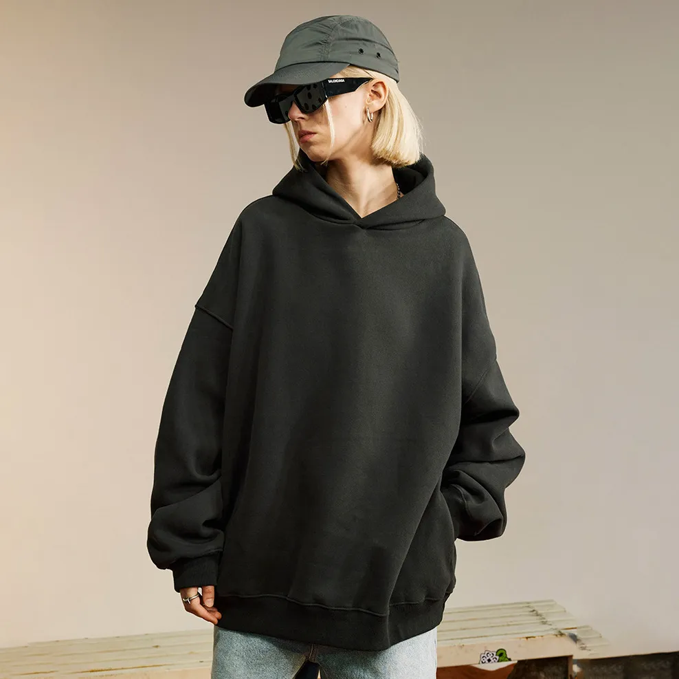 Men Casual Solid Color Fleece-Lined Long-Sleeve Loose Hoodie