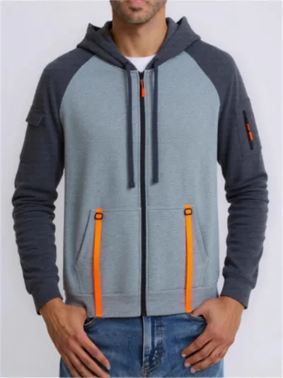 Men Fashion Color Block Zipper Long-Sleeve Hoodies Cardigan
