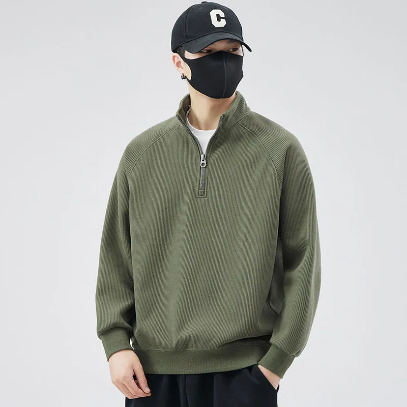 Men Casual Solid Color Half Zipper Long-Sleeve Stand Collar Loose Sweatshirt