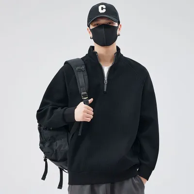 Men Casual Solid Color Half Zipper Long-Sleeve Stand Collar Loose Sweatshirt