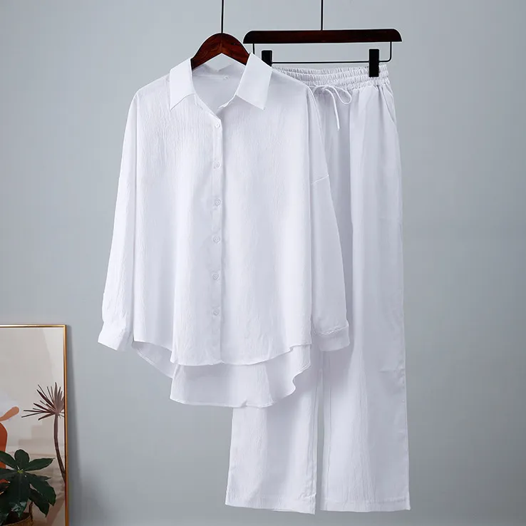 Women Casual Cotton Linen Lapel Long-Sleeve Blouse Loose Wide Leg Pants Two-Piece Set