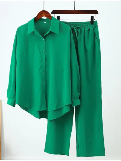 Women Casual Cotton Linen Lapel Long-Sleeve Blouse Loose Wide Leg Pants Two-Piece Set