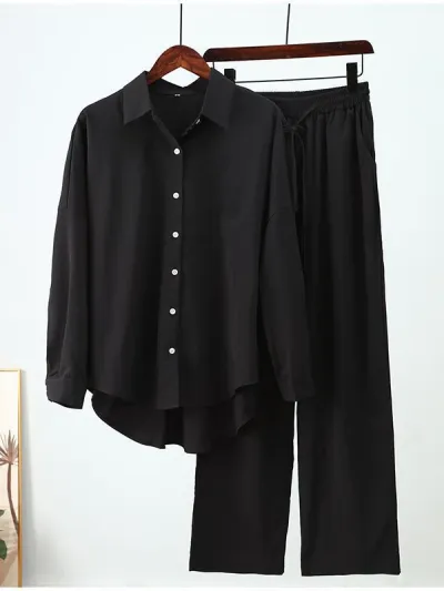 Women Casual Cotton Linen Lapel Long-Sleeve Blouse Loose Wide Leg Pants Two-Piece Set
