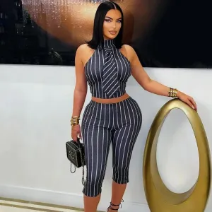 Women Fashion Sexy Black White Stripe Sleeveless Crop Top Tight Pants Two-Piece Set