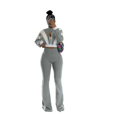 Women Fashion Athleisure Color Block Long-Sleeve Zipper Jacket Slim-Fit Flare Pants Two-Piece Set