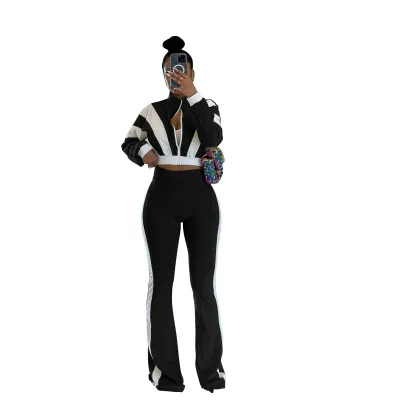 Women Fashion Athleisure Color Block Long-Sleeve Zipper Jacket Slim-Fit Flare Pants Two-Piece Set