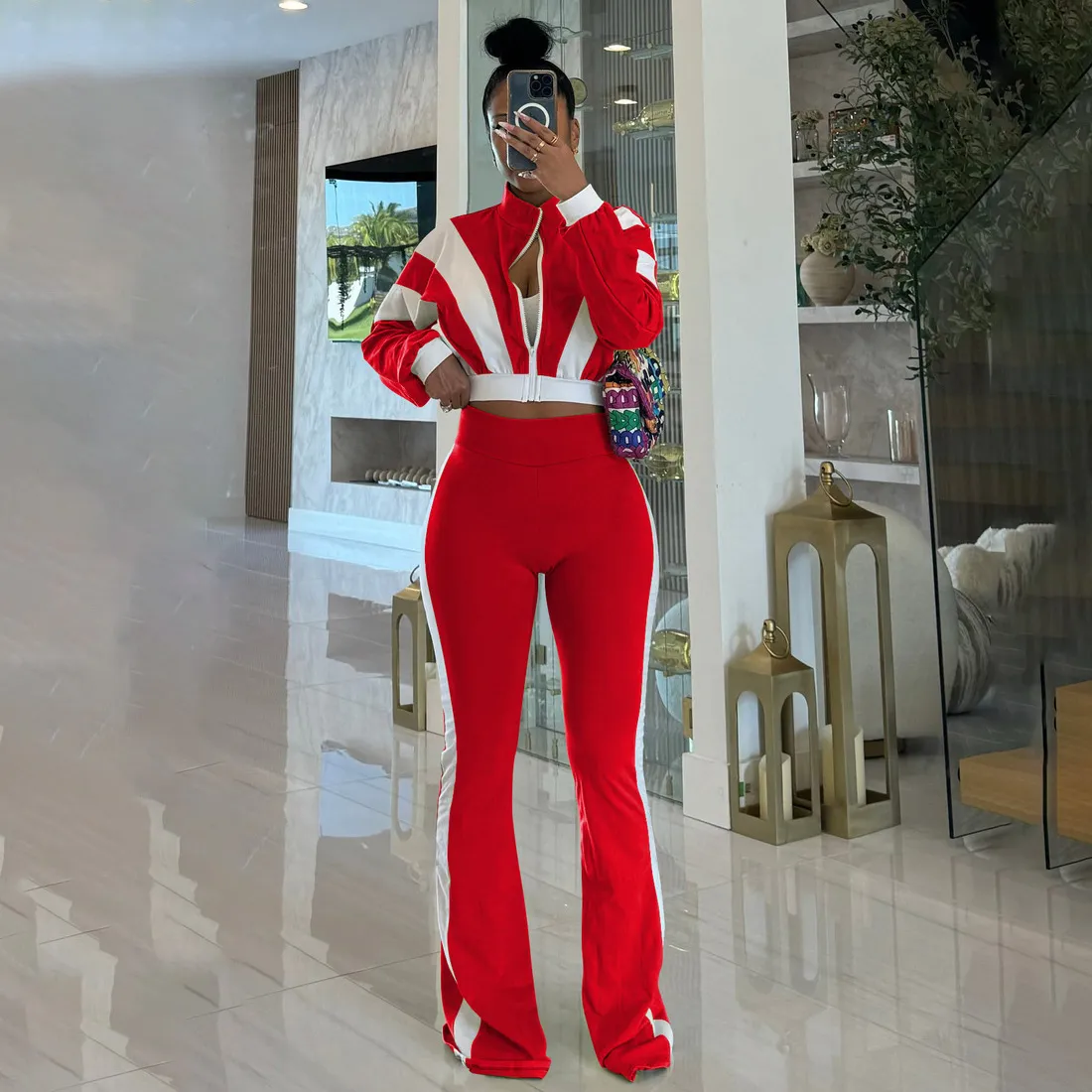 Women Fashion Athleisure Color Block Long-Sleeve Zipper Jacket Slim-Fit Flare Pants Two-Piece Set