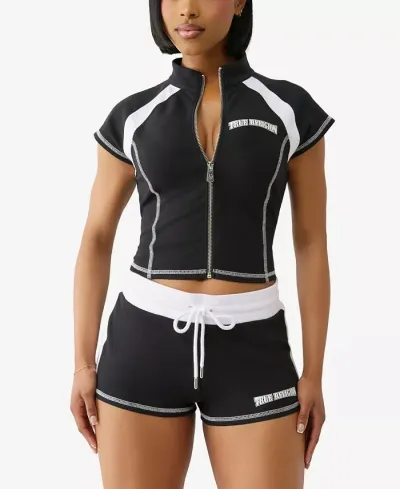 Women Fashion Athleisure Color Block Short-Sleeve Zipper Crop Top Drawstring Slim-Fit Shorts Two-Piece Set
