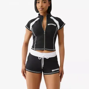 Women Fashion Athleisure Color Block Short-Sleeve Zipper Crop Top Drawstring Slim-Fit Shorts Two-Piece Set