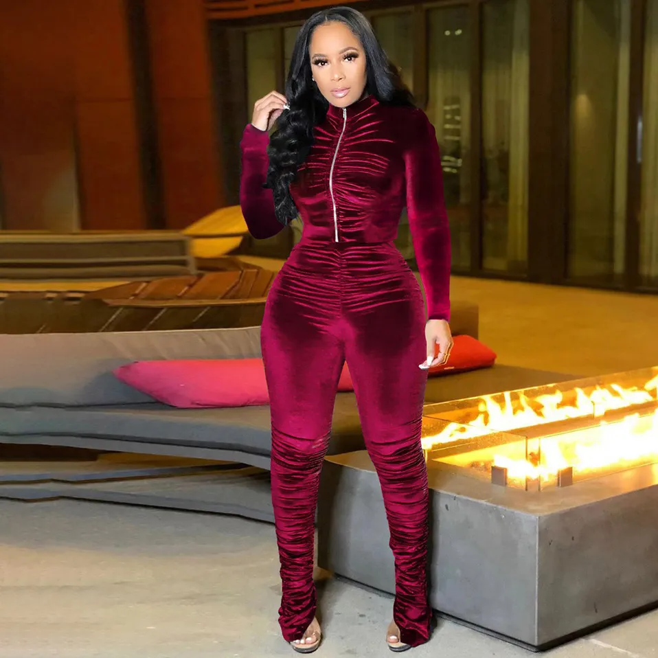 Women Fashion Casual Autumn Winter Solid Color Long-Sleeve Zipper Jacket Pleated Tight Pants Two-Piece Set