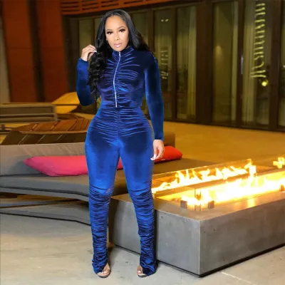 Women Fashion Casual Autumn Winter Solid Color Long-Sleeve Zipper Jacket Pleated Tight Pants Two-Piece Set