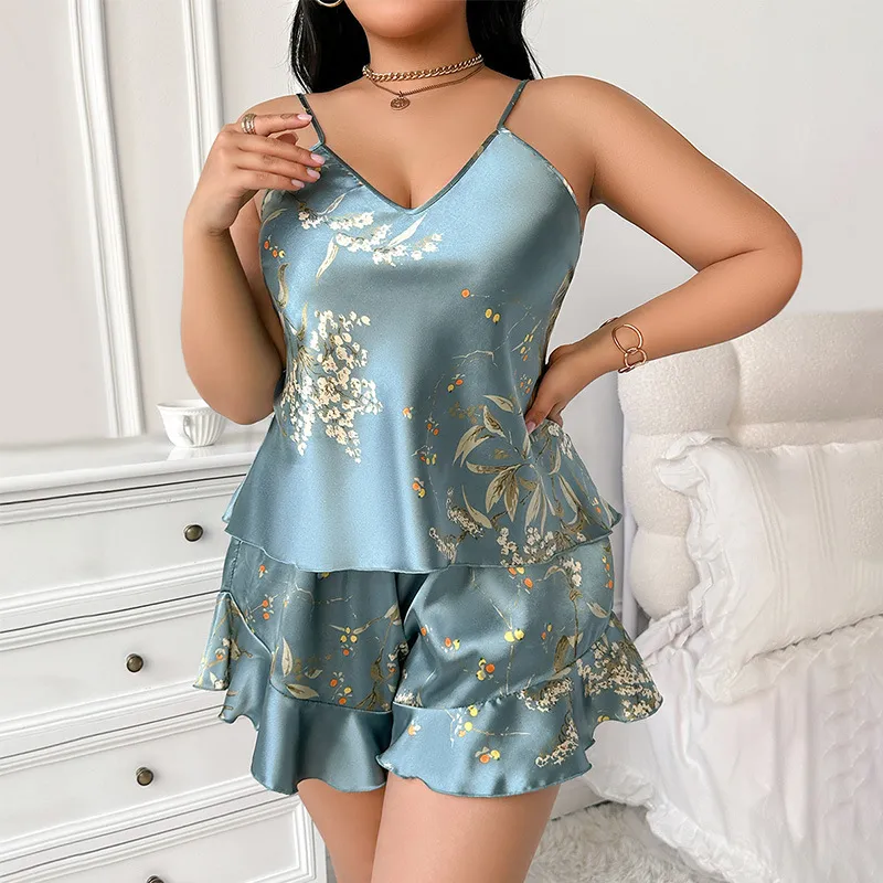 Women Plus Size Ice Silk Printed Camisole Loose Shorts Pajamas Two-Piece Set