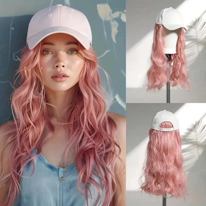 Women Fashion Pink Curly Wave Hat Wig
