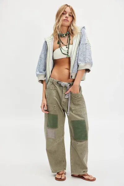 Women Casual Patchwork Straight Drawstring Lace-Up Jeans