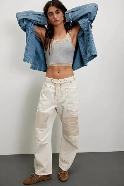 Women Casual Patchwork Straight Drawstring Lace-Up Jeans