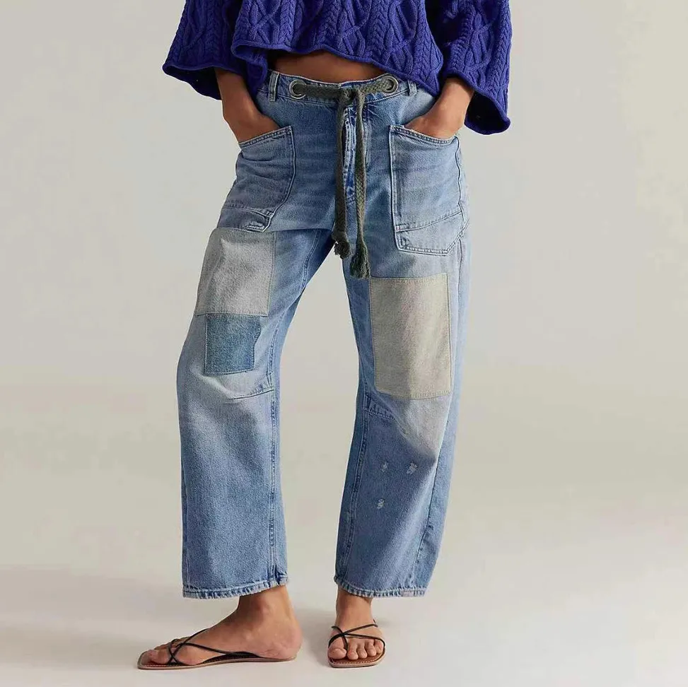 Women Casual Patchwork Straight Drawstring Lace-Up Jeans