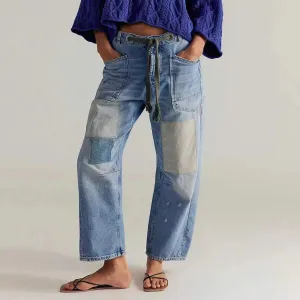 Women Casual Patchwork Straight Drawstring Lace-Up Jeans