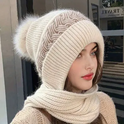 Women Fashion Autumn And Winter Plush Knitted Warm Ear Protection Hat Scarf