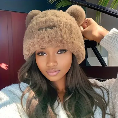 Cute Bear Ear Women Winter Thickened Plush Warm Knitted Hat