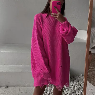 Autumn Winter Women Fashion Solid Color Loose Hole Knitted Pullover Top