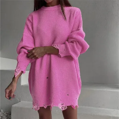 Autumn Winter Women Fashion Solid Color Loose Hole Knitted Pullover Top