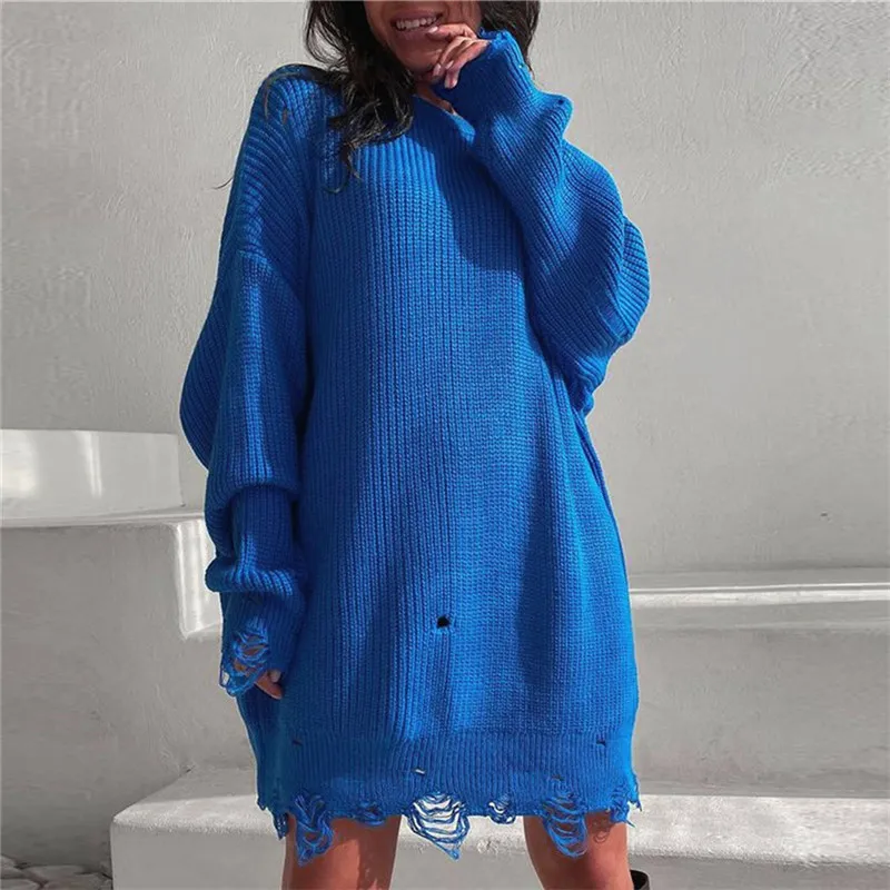 Autumn Winter Women Fashion Solid Color Loose Hole Knitted Pullover Top