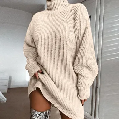Autumn And Winter Women Fashion Solid Color Loose High Collar Knitted Top