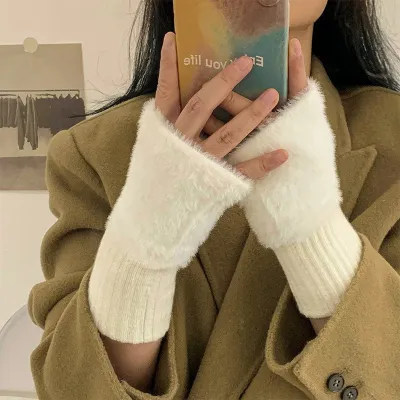 Women Fashion Autumn And Winter Solid Color Knitted Fingerless Plush Gloves