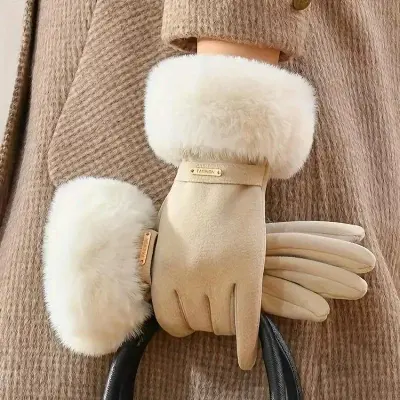 Women Fashion Autumn And Winter Solid Color Velvet Imitation Rabbit Fur Warm Touch Screen Gloves