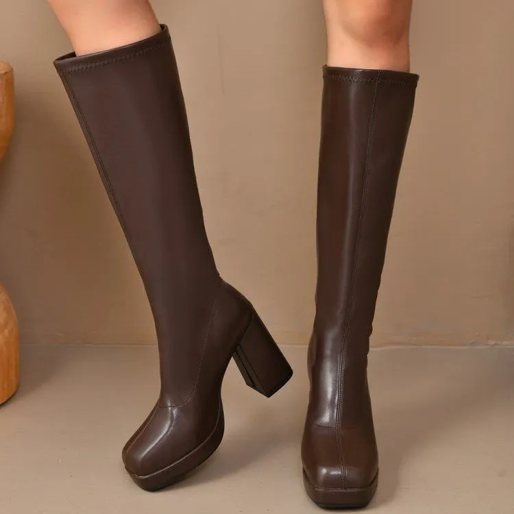 Women Fashion Square Toe Chunky Heel Knee High Platform Boots