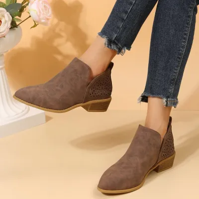 Women Fashion Casual Solid Color Hollow Pointed-Toe Low Heel Boots