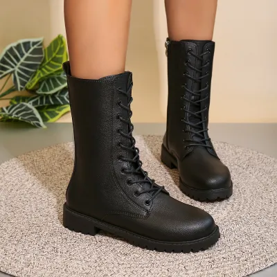 Women's Fashion Casual Solid Color Round Toe Side Zipper Short Boots