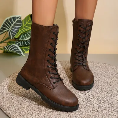 Women's Fashion Casual Solid Color Round Toe Side Zipper Short Boots