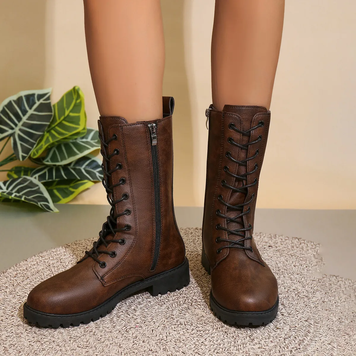 Women's Fashion Casual Solid Color Round Toe Side Zipper Short Boots
