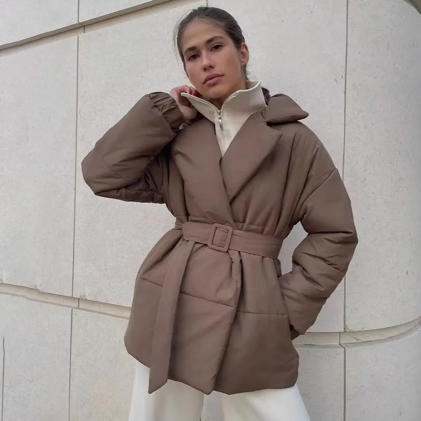 Women Casual Autumn Winter Thickened Solid Color V-Neck Long Sleeve Belted Coat