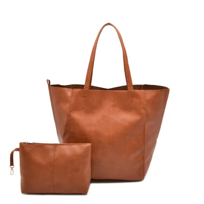 Women Fashion Casual Solid Color Soft Leather Large Capacity Tote Bag Two-Piece Set