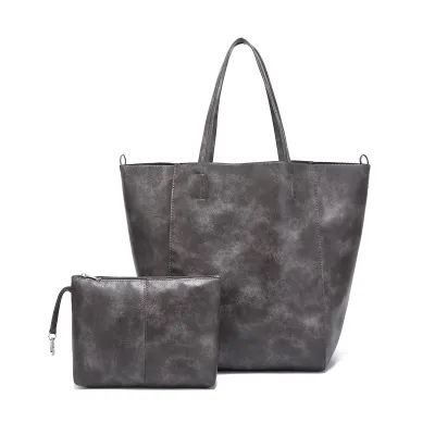 Women Fashion Casual Solid Color Soft Leather Large Capacity Tote Bag Two-Piece Set
