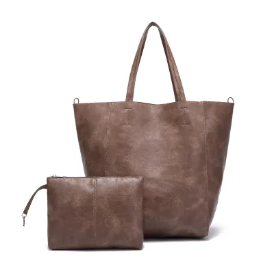 Women Fashion Casual Solid Color Soft Leather Large Capacity Tote Bag Two-Piece Set