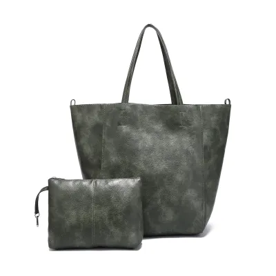 Women Fashion Casual Solid Color Soft Leather Large Capacity Tote Bag Two-Piece Set