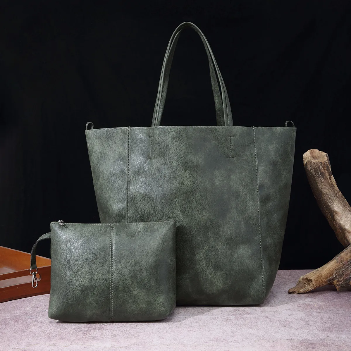 Women Fashion Casual Solid Color Soft Leather Large Capacity Tote Bag Two-Piece Set