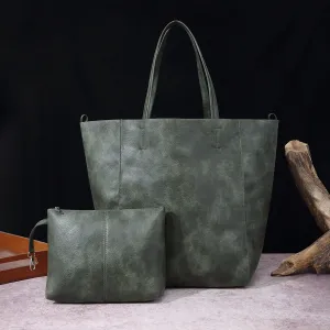 Women Fashion Casual Solid Color Soft Leather Large Capacity Tote Bag Two-Piece Set